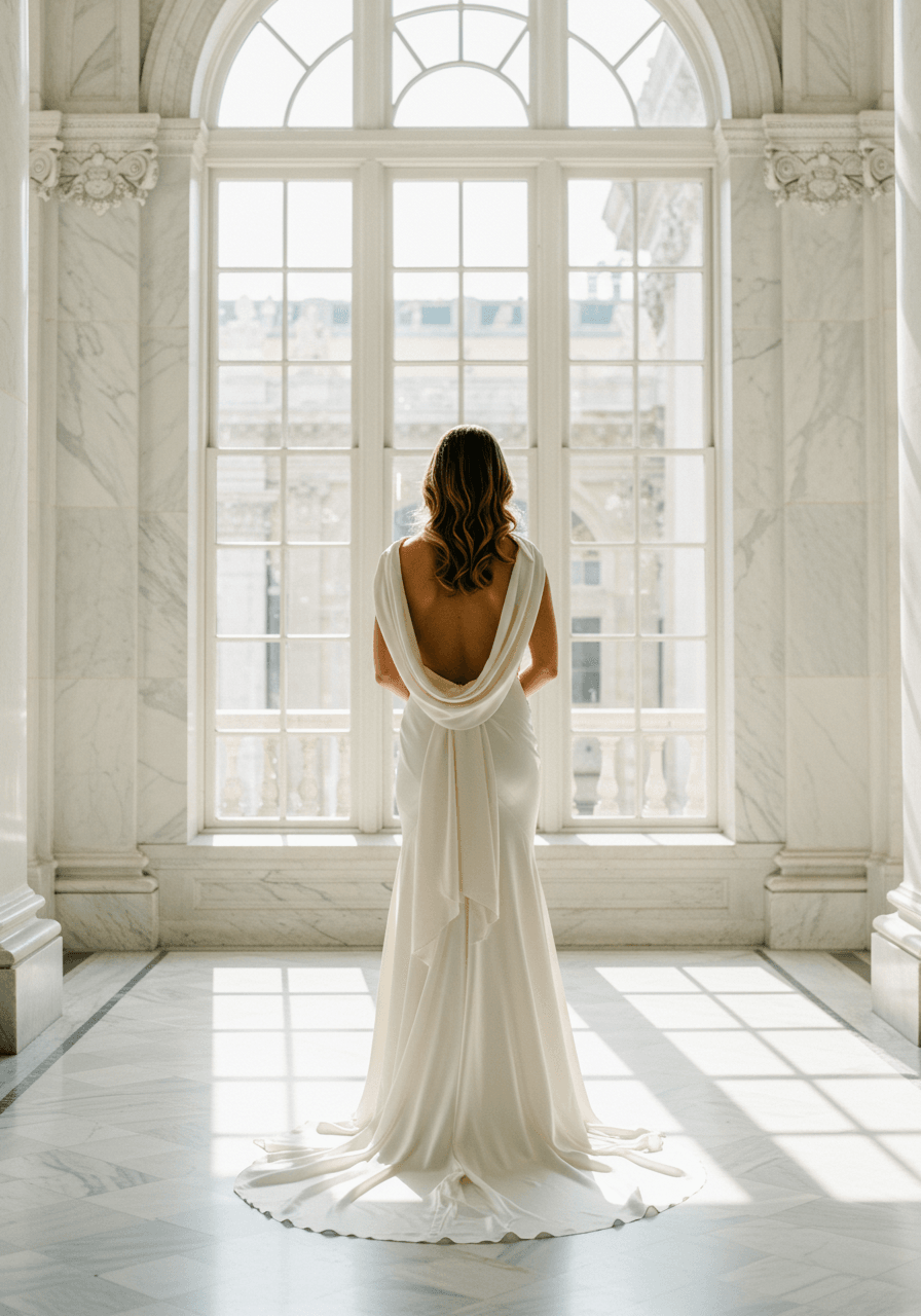 Detail of bride from behind showing elegant silk scarf flowing down backless gown in golden hour lighting