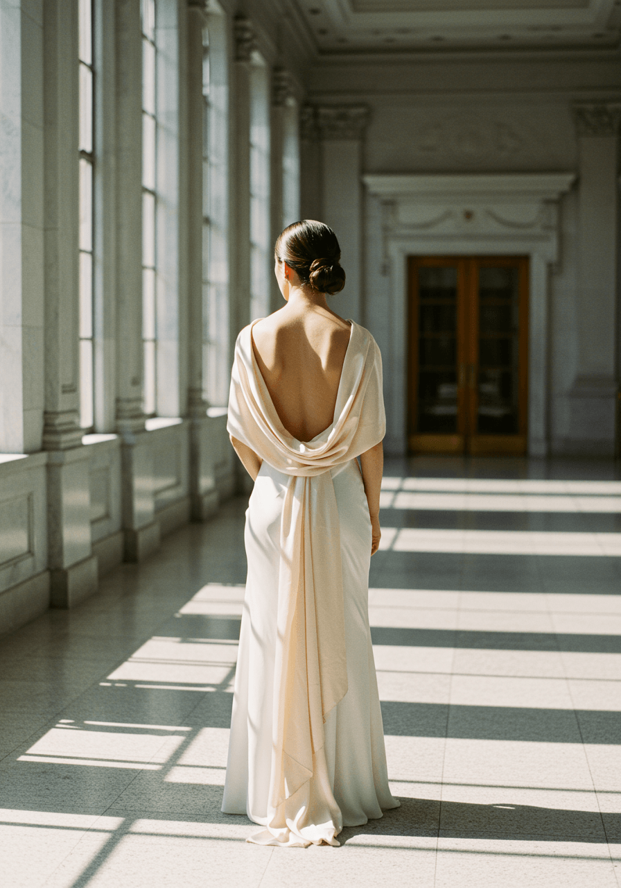 Bride in flowing backless silk wedding gown with bias-cut champagne scarf draping down exposed back in sunlit marble atrium