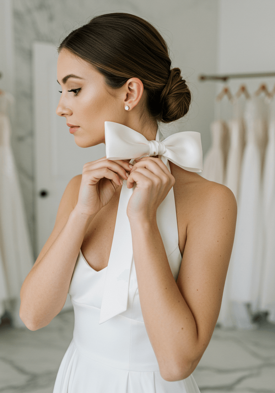 Bride adjusting lustrous ivory satin bow at side of neck in minimalist bridal boutique with marble surfaces and natural lighting