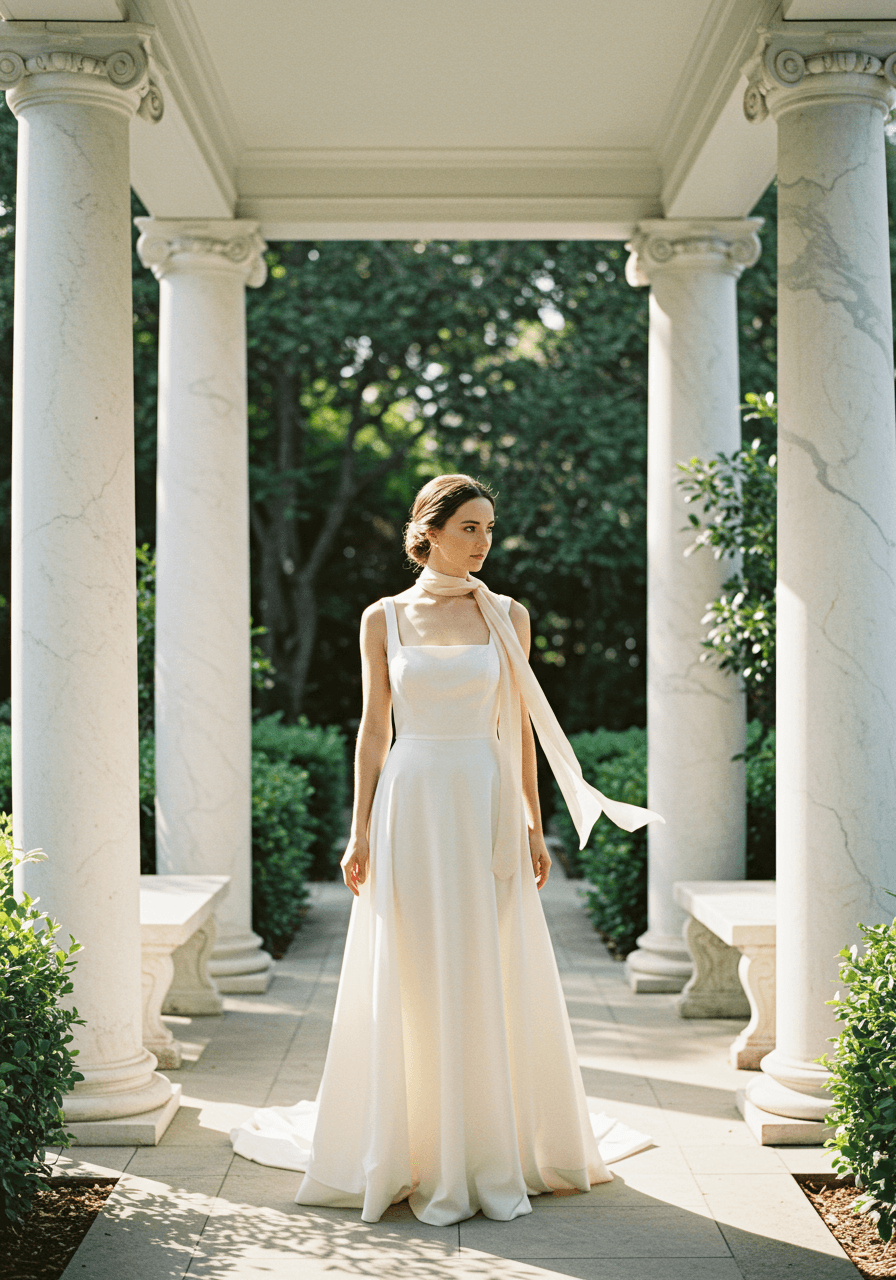 Bride in flowing silk gown with square neckline and delicate skinny ribbon scarf in sunlit garden pavilion during golden hour
