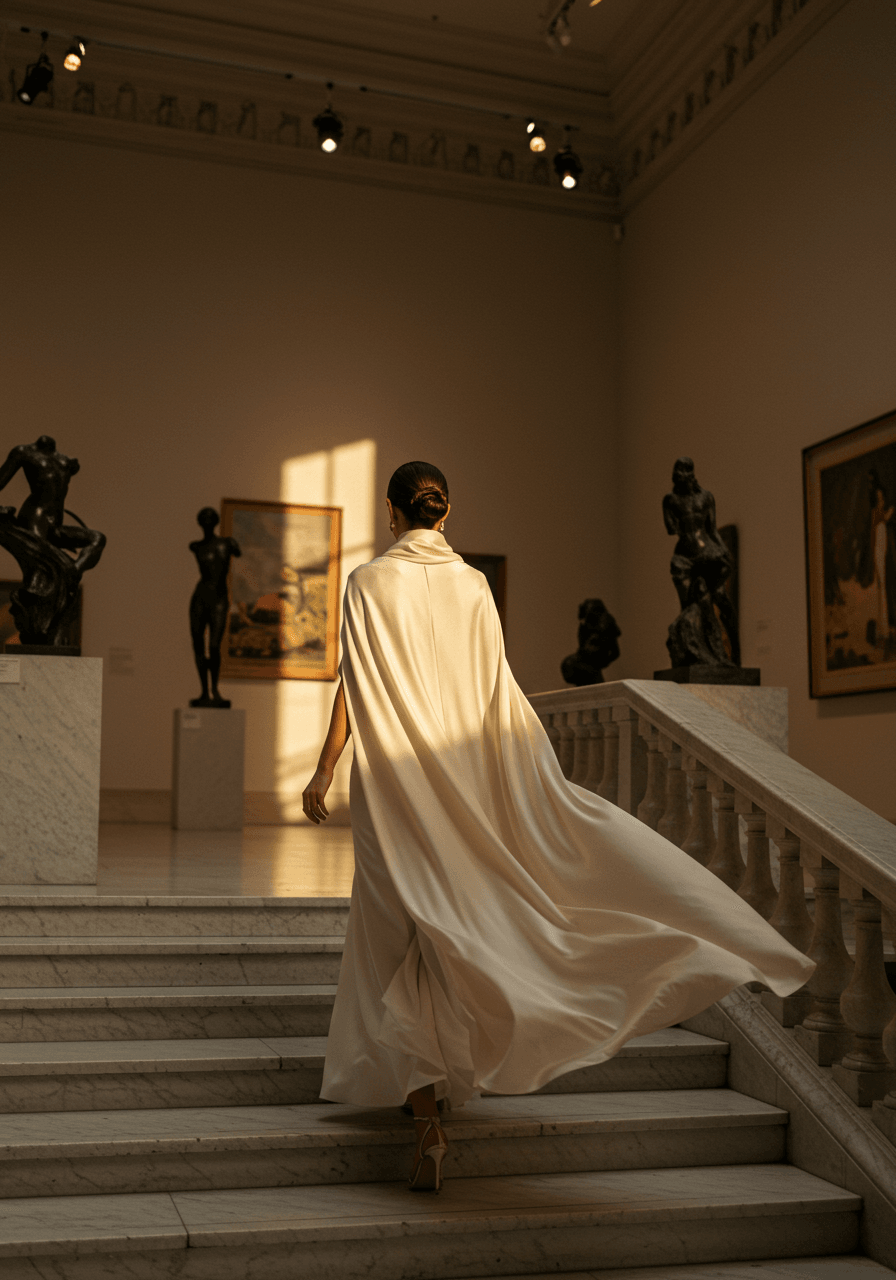 Bride walking down marble steps in art gallery wearing silk scarf with high collar front cascading into flowing cape back