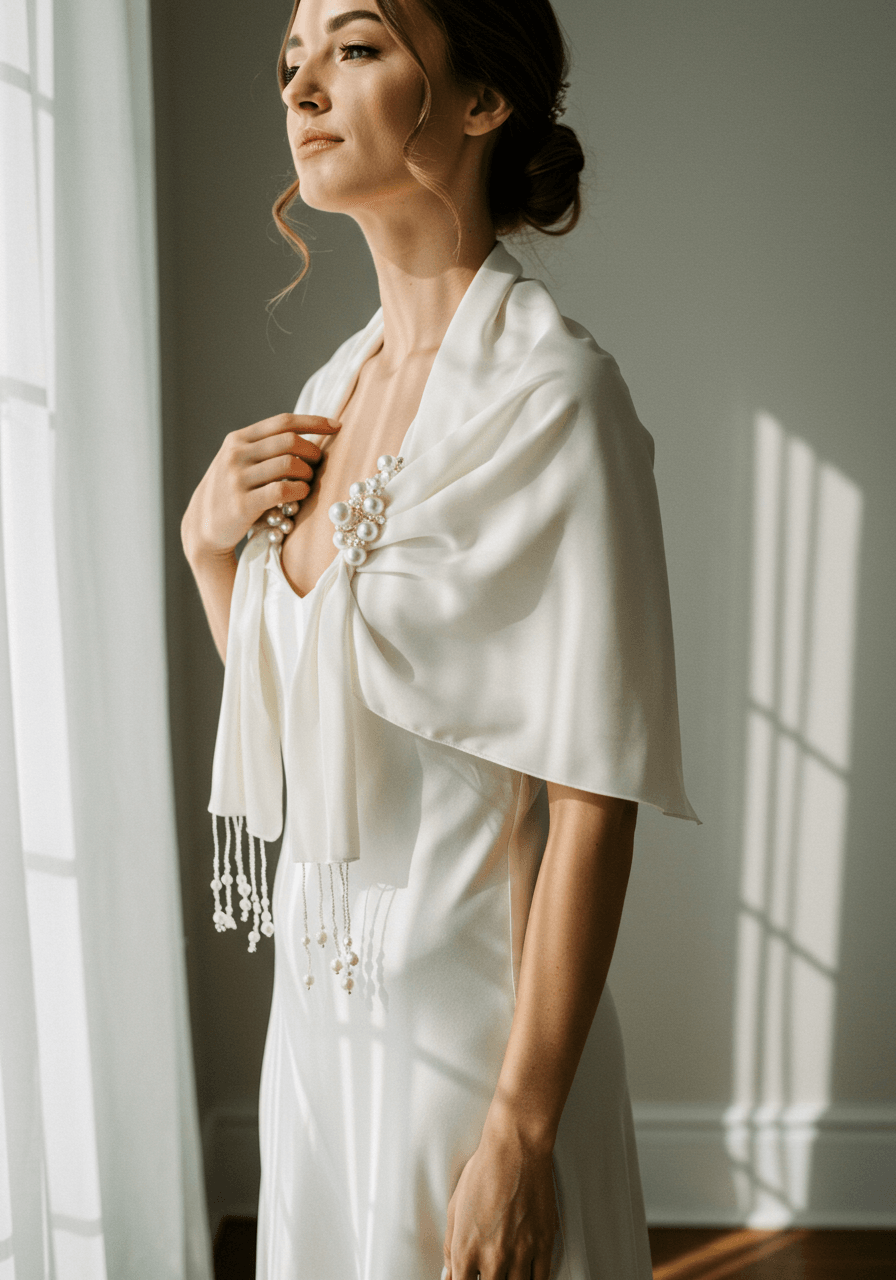 Three-quarter shot of bride modelling lightweight silk scarf with lustrous pearl weights in elegant boutique setting