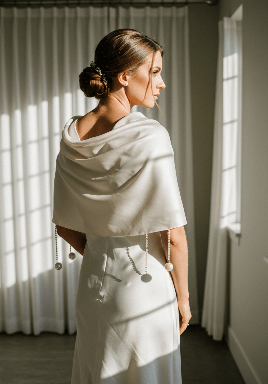 Bride wearing flowing silk scarf with delicate pearl weights over simple slip dress in sunlit minimalist bridal boutique