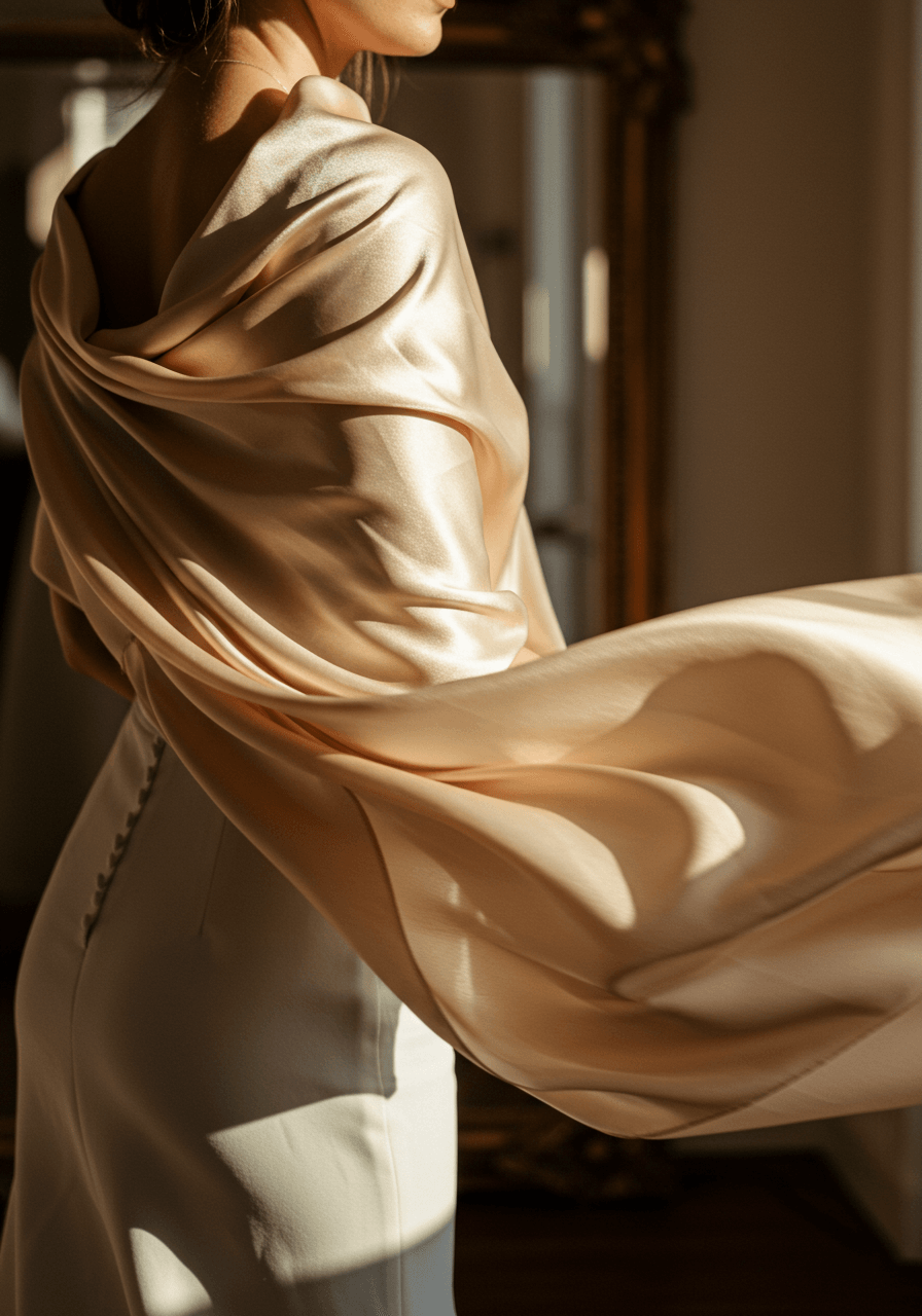 Bride wearing elegant champagne liquid satin scarf draped around shoulders in sun-drenched luxury bridal boutique during golden hour