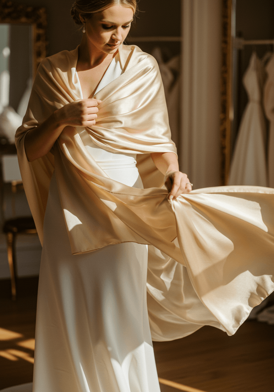 Close-up of bride adjusting flowing champagne satin scarf in boutique with natural window lighting