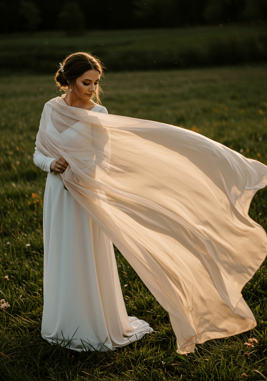 Bride in elegant long-sleeve gown in open meadow with champagne satin scarf streaming horizontally in natural breeze
