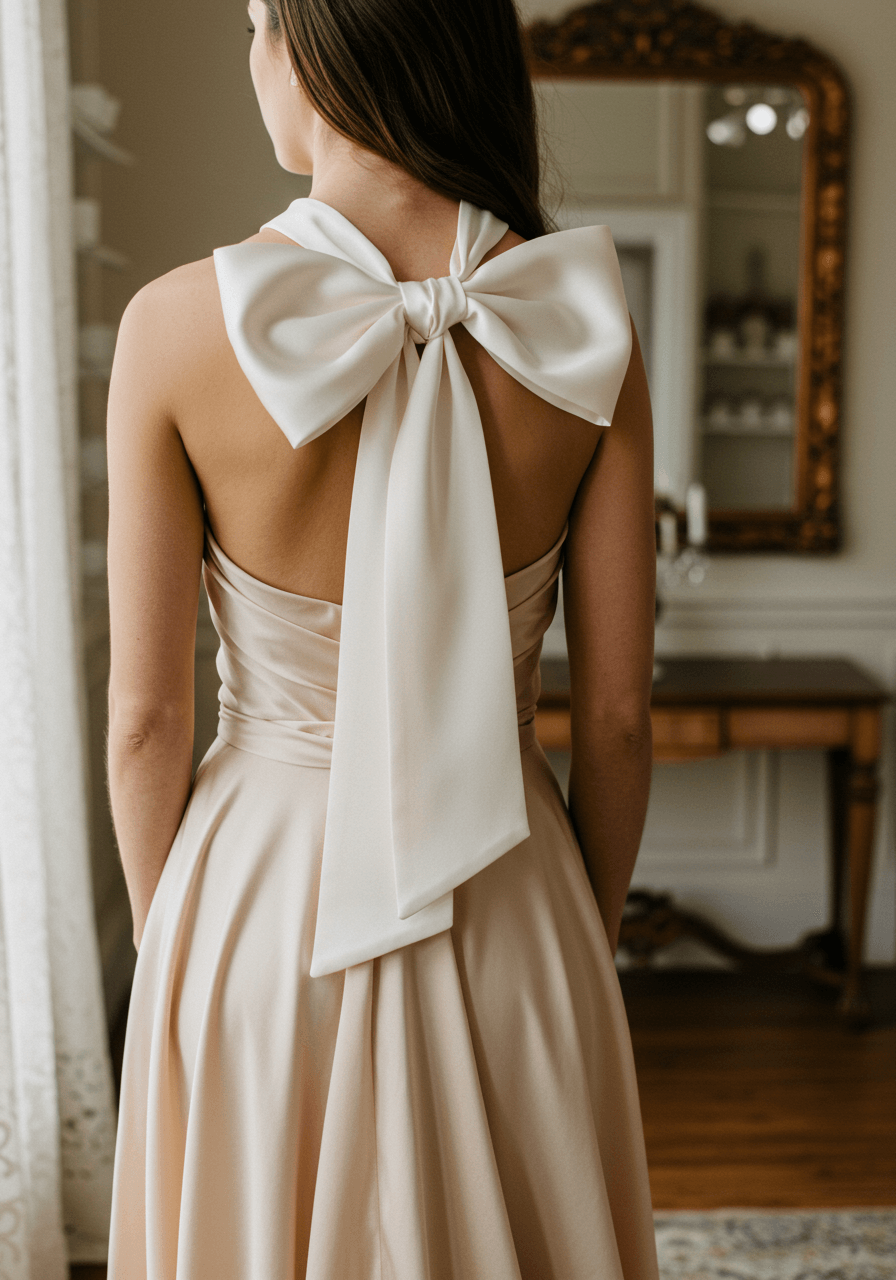 Bride in flowing champagne silk dress with glossy ivory satin bow tied at side of neck in elegant bridal boutique
