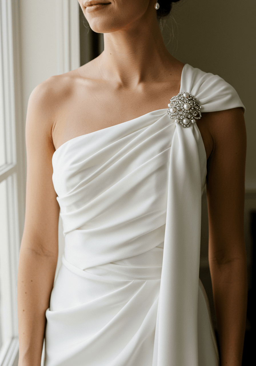 Bride in elegant one-shoulder gown with lustrous satin fabric draped asymmetrically and secured with ornate pearl brooch