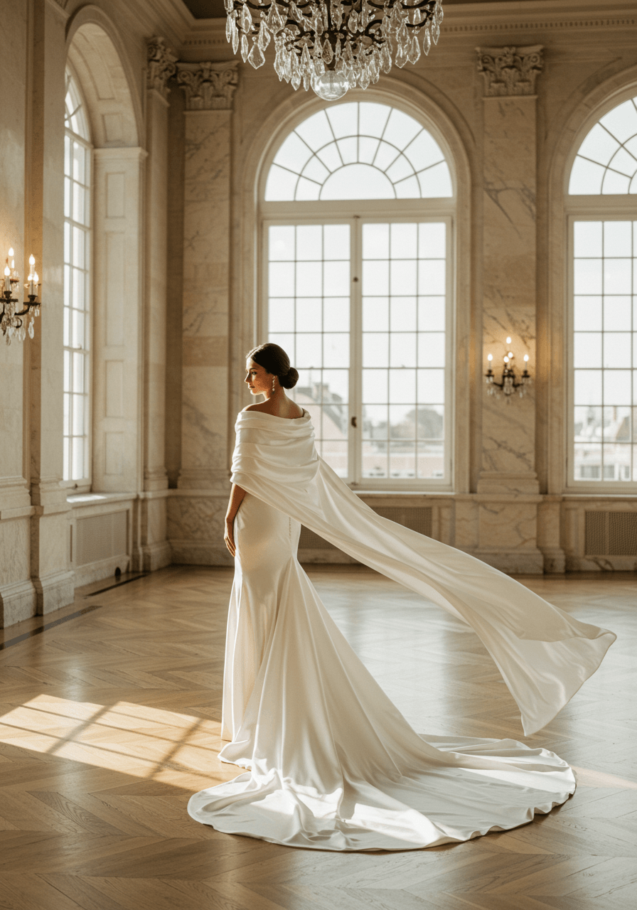 Bride in flowing ivory liquid satin gown with scarf seamlessly flowing into cathedral train in sunlit marble ballroom