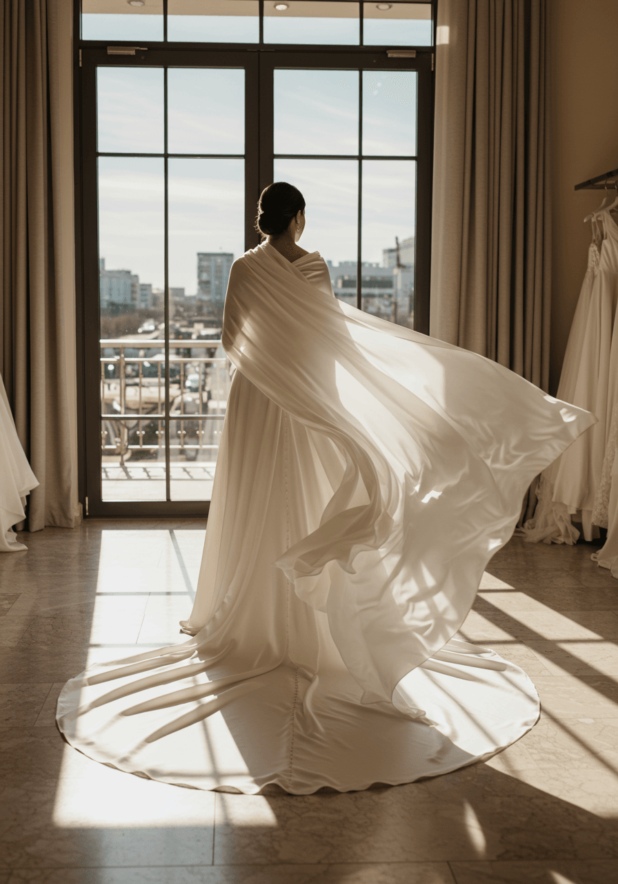 Bride in flowing liquid satin gown with matching scarf seamlessly blending into cathedral train in sunlit boutique