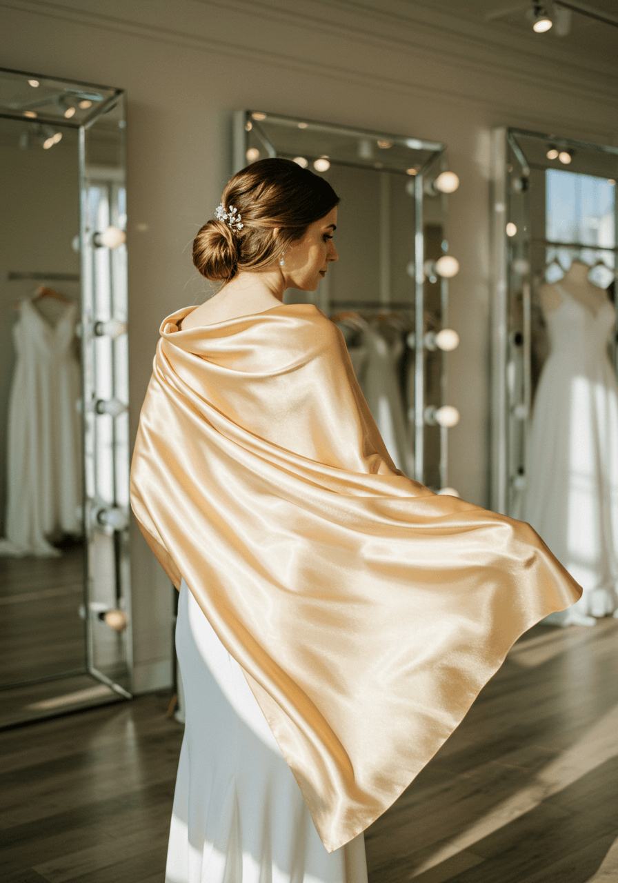 Bride in flowing molten champagne satin scarf surrounded by mirrors in sunlit boutique during golden hour with elegant reflections