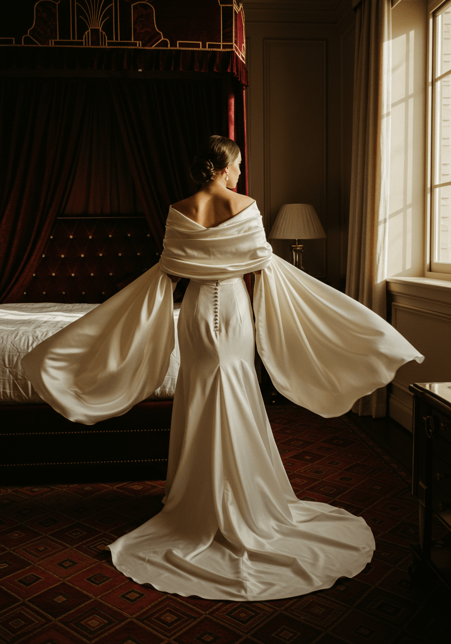 Bride in elegant off-white silk dress with luxurious wide satin shawl in classic Old Hollywood style in Art Deco bedroom
