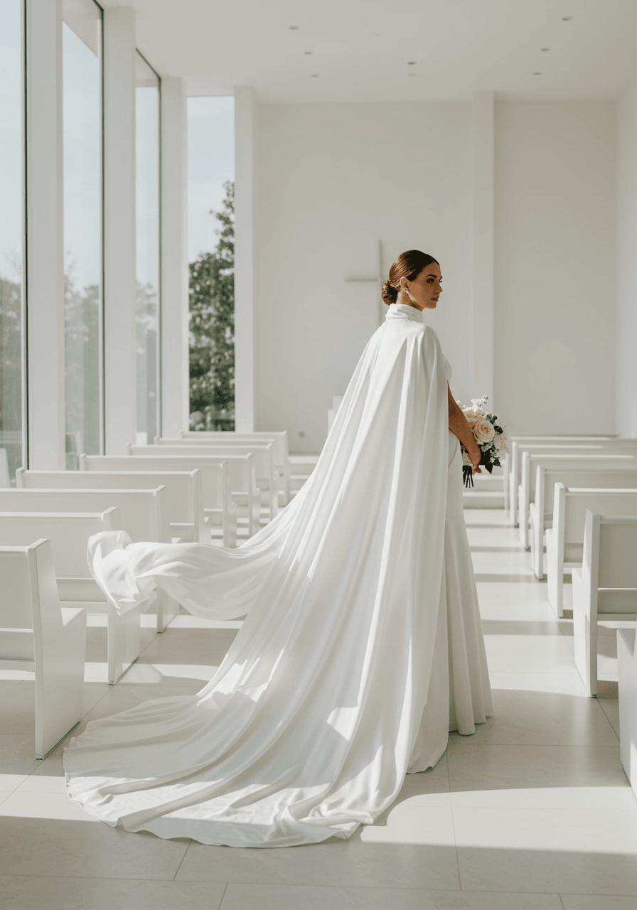 Bride wearing high-necked liquid satin scarf flowing into dramatic cape-like train in minimalist modern chapel