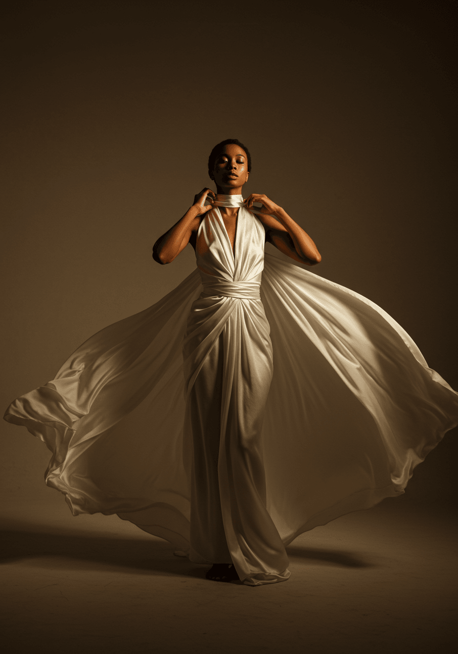 Detail shot of satin choker texture and flowing streamers captured in warm golden backlighting