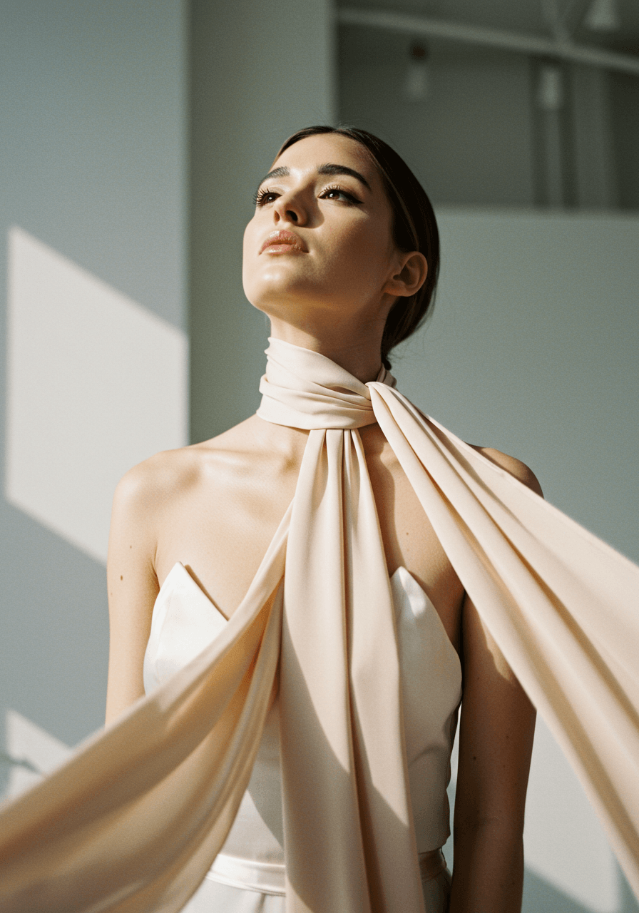 Three-quarter portrait of bride modelling champagne silk choker scarf with flowing fabric in modern boutique setting