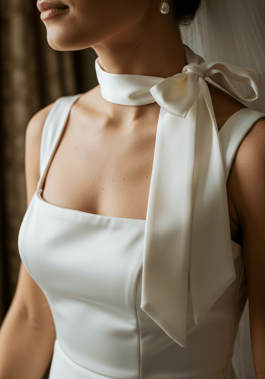 Close-up detail of bride's décolletage showing structured square neckline with narrow satin ribbon scarf tied in loose bow