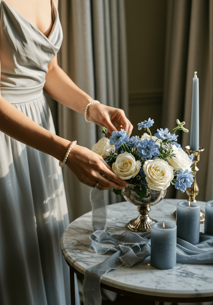 Bride in flowing grey silk dress arranging slate blue delphiniums in mercury glass compote during golden hour