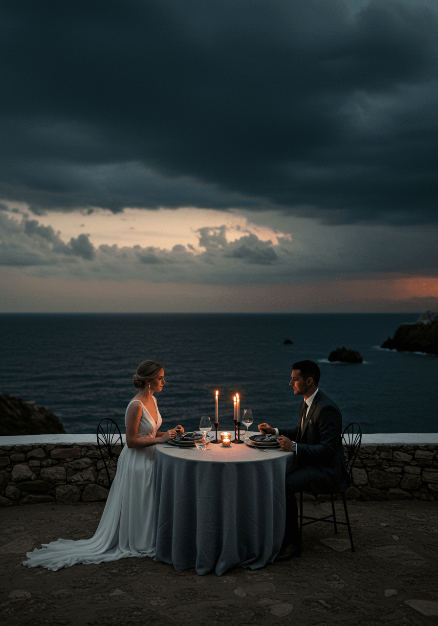 Bride and groom sharing intimate clifftop dinner with storm grey linens during twilight with storm clouds