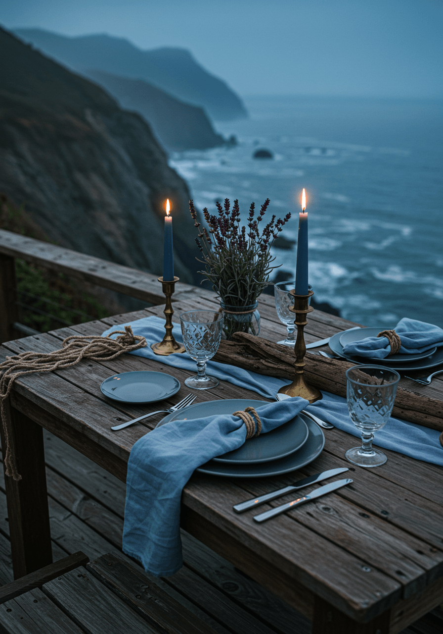 Intimate reception table for two on coastal deck with slate blue linens during blue hour with fog