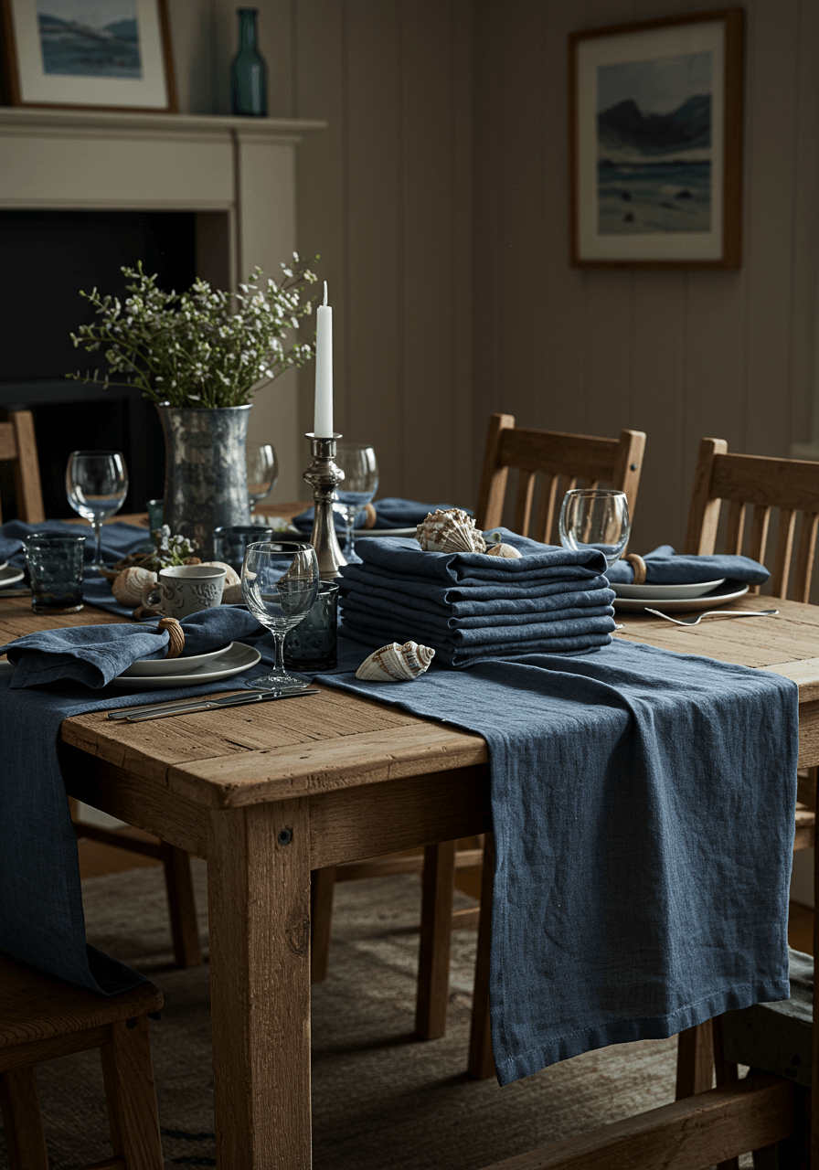 Coastal cottage dining room with steel blue textiles and throw pillows creating cohesive color palette