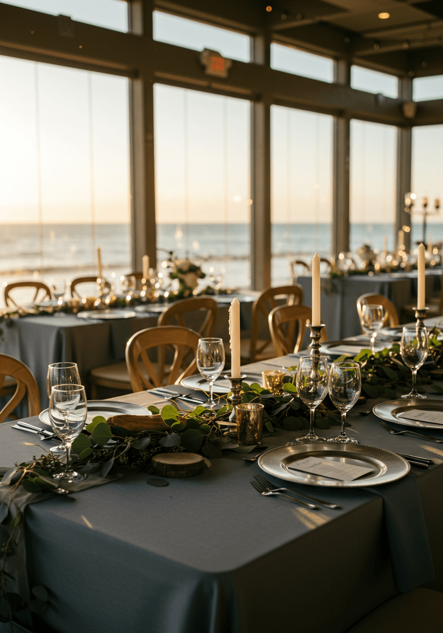 Elegant coastal reception table with pewter chargers and slate grey linens overlooking ocean through floor-to-ceiling windows
