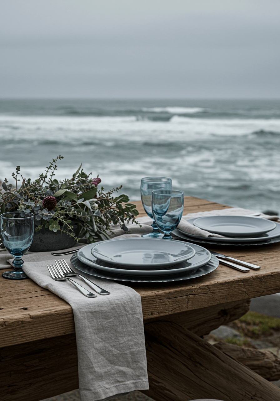 Detailed view of pewter cutlery and slate blue glassware on coastal dining table