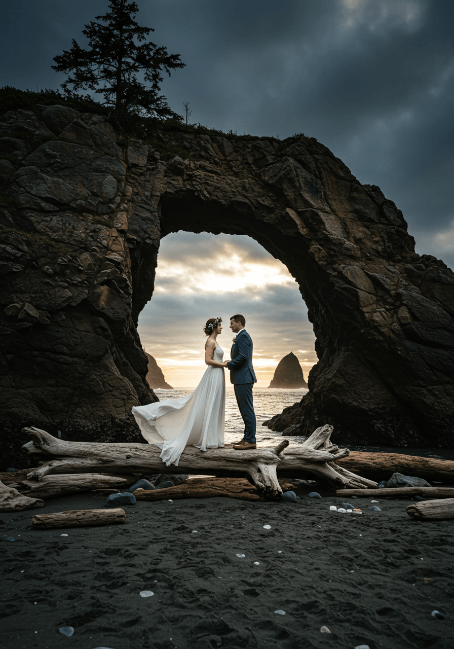 Couple exchanging vows under natural rock arch on secluded beach during moody overcast twilight