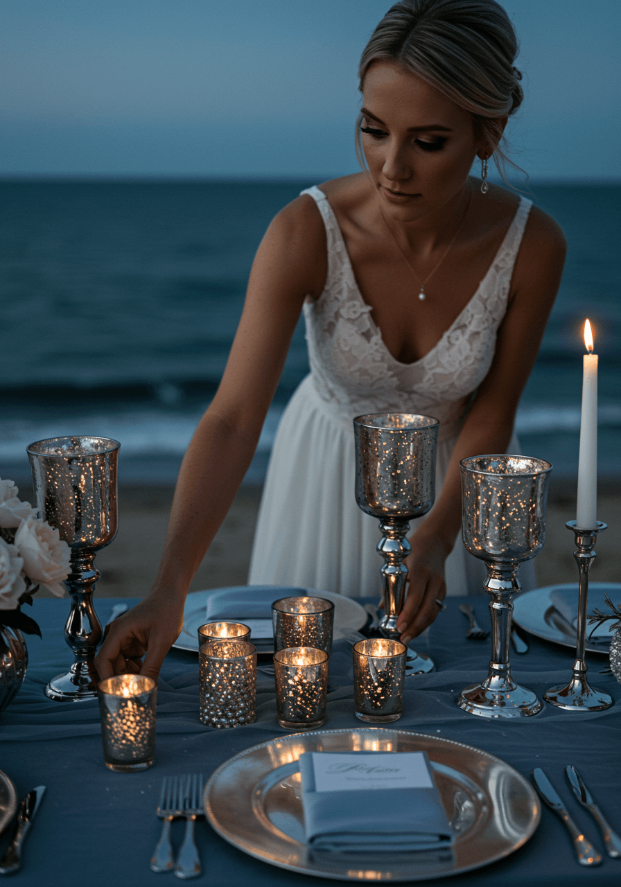 Moonlit coastal reception table with metallic wedding details and luminous reflections on pewter surfaces