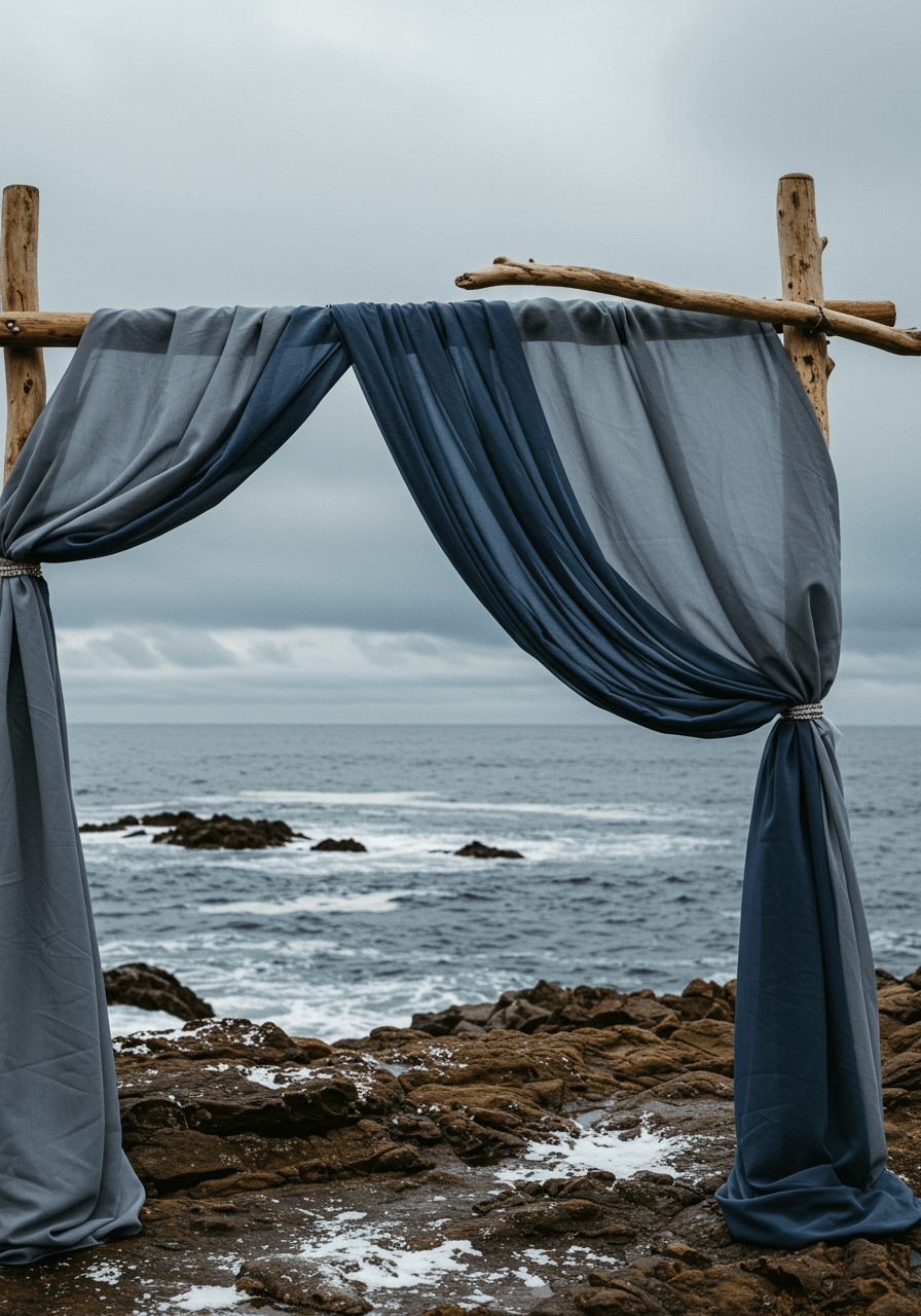 Close-up detail of billowing chiffon and tulle installation in gradient blue-grey tones with weathered driftwood base