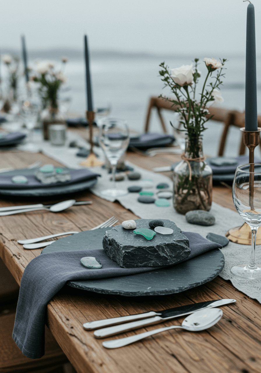 Rough-hewn slate blue stone chargers and grey river rock centerpieces on weathered driftwood tables beside misty coastline