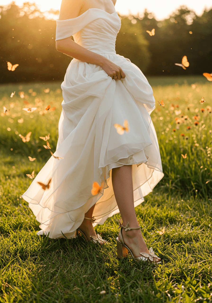 Romantic bride in flowing gown wearing butterfly-embellished block heel sandals walking through sunlit meadow with butterflies