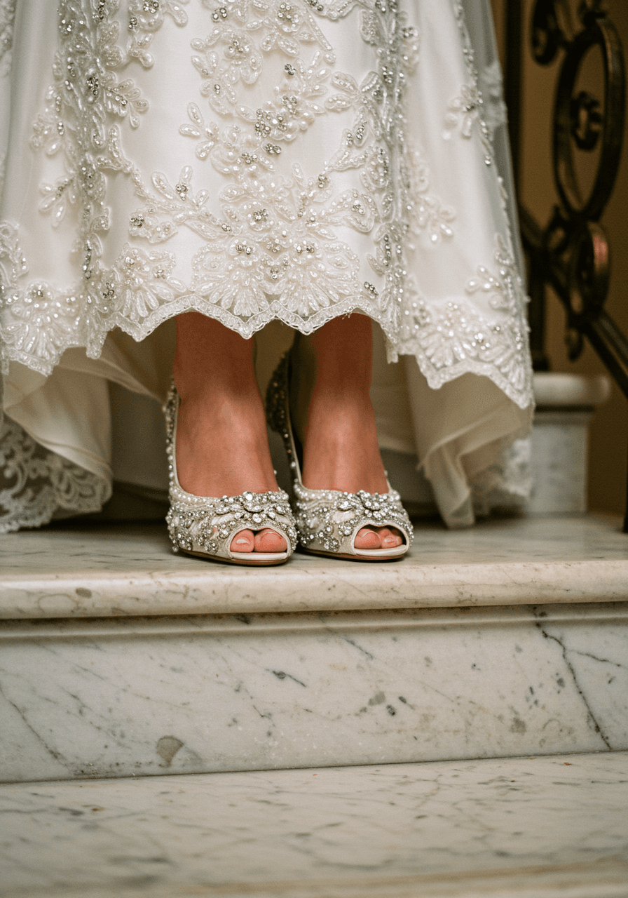 Exquisite Art Deco beaded wedding shoes with crystal and pearl embellishments positioned on vintage marble mansion steps