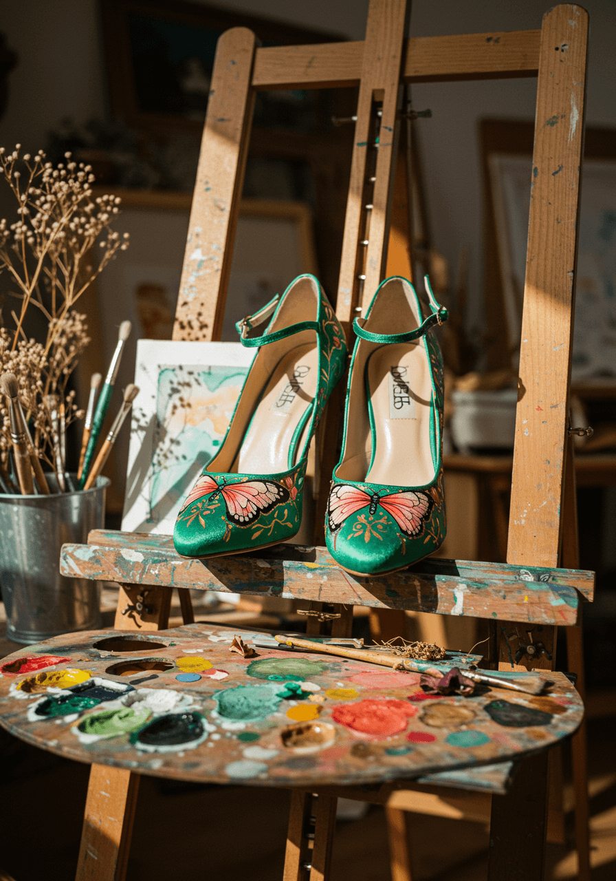 Bohemian-style hand-painted wedding shoes with intricate butterfly motifs displayed as art pieces on easel in golden studio lighting