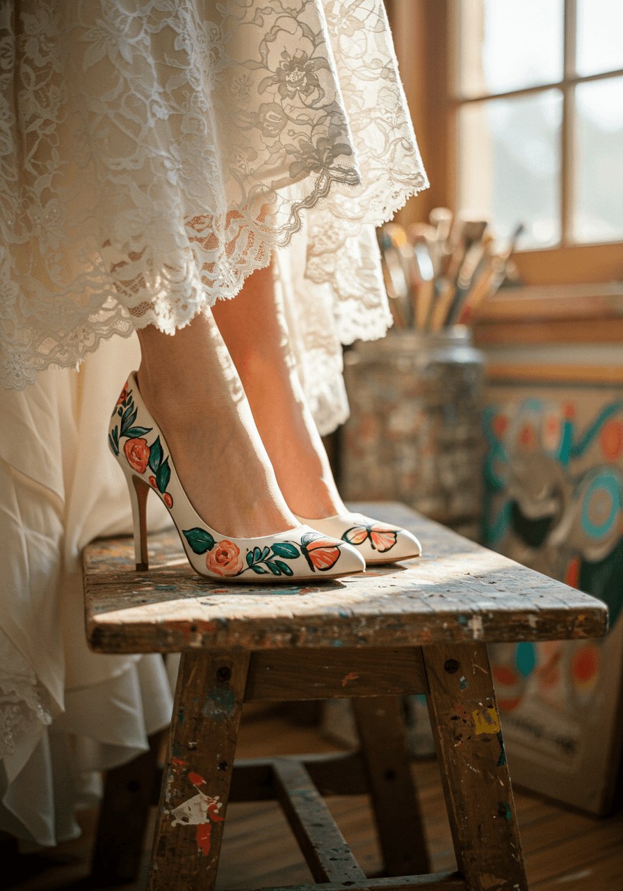 Artistic hand-painted wedding shoes featuring butterfly and floral motifs in emerald, coral, and gold displayed on rustic wooden studio bench