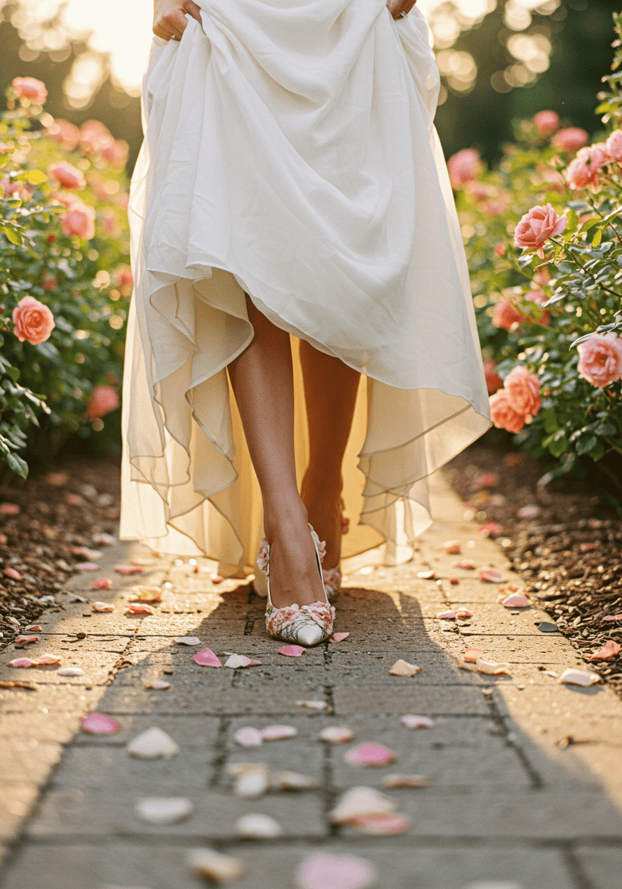 Elegant bride in A-line gown walking sunlit garden path wearing floral embroidered pumps with gold thread details