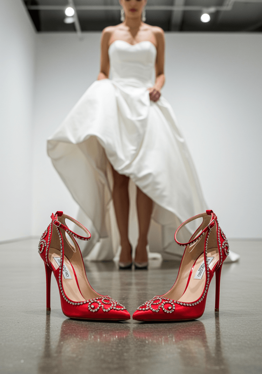 Confident bride in white gown wearing bold red stiletto wedding shoes with crystal beading in contemporary art gallery