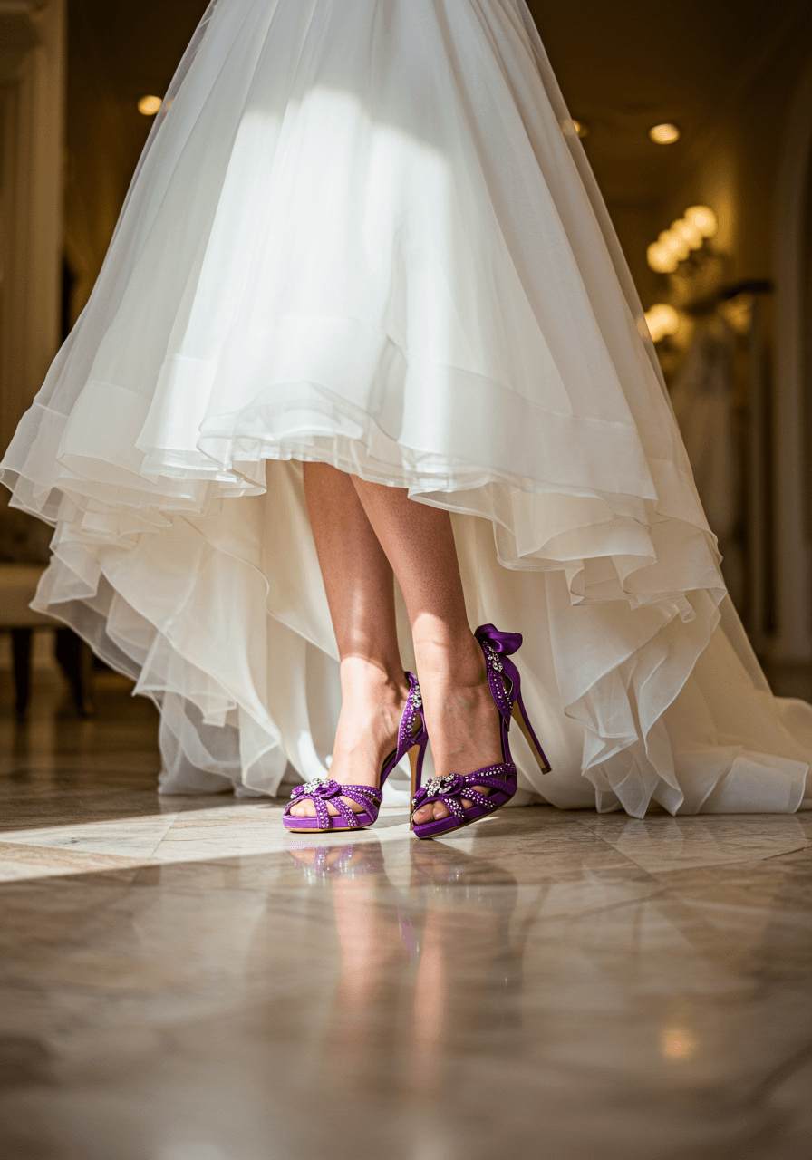 Bold deep purple statement wedding shoes with crystal embellishments displayed in luxury bridal boutique with polished marble floors