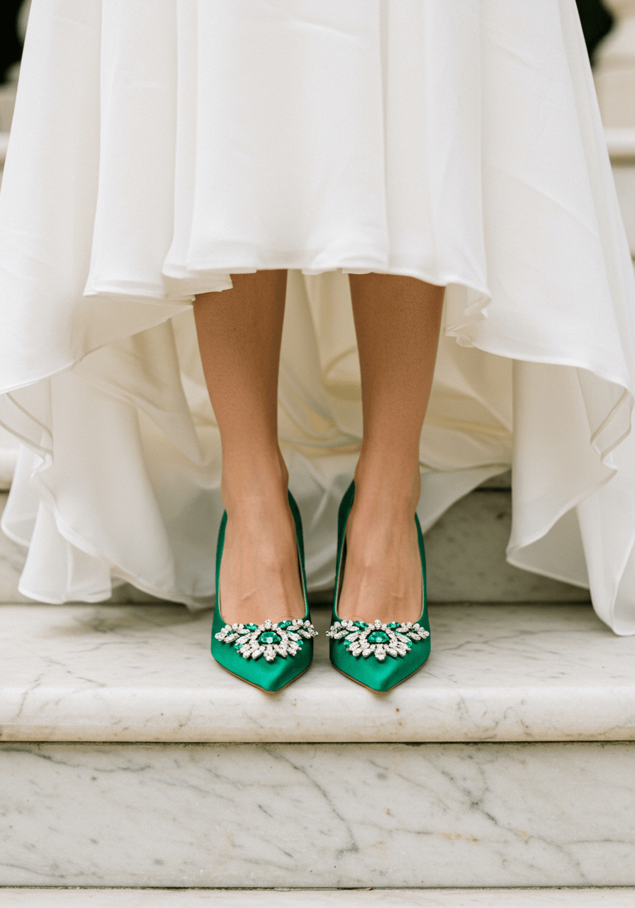 Stunning emerald green pointed-toe wedding pumps with crystal embellishments displayed on marble pavilion steps