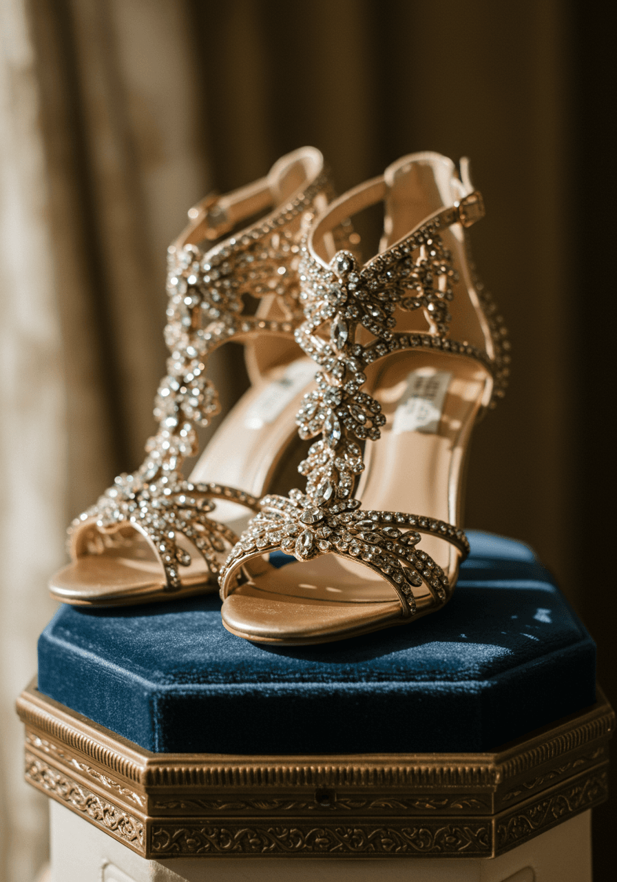 Opulent metallic gold bridal shoes with pearl and crystal details presented on luxurious navy velvet jewelry box