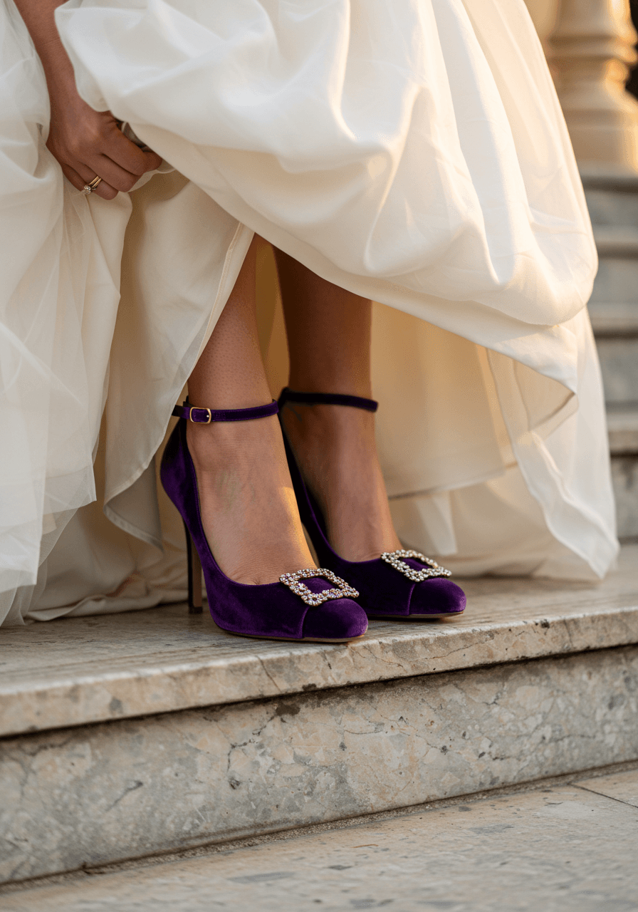 Luxurious royal purple velvet wedding shoes with ornate gold buckle details positioned on elegant marble steps in golden hour light