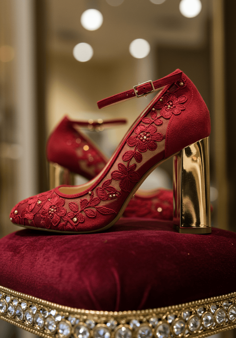 Luxurious red suede wedding shoes with gold block heels and delicate floral embroidery on velvet display