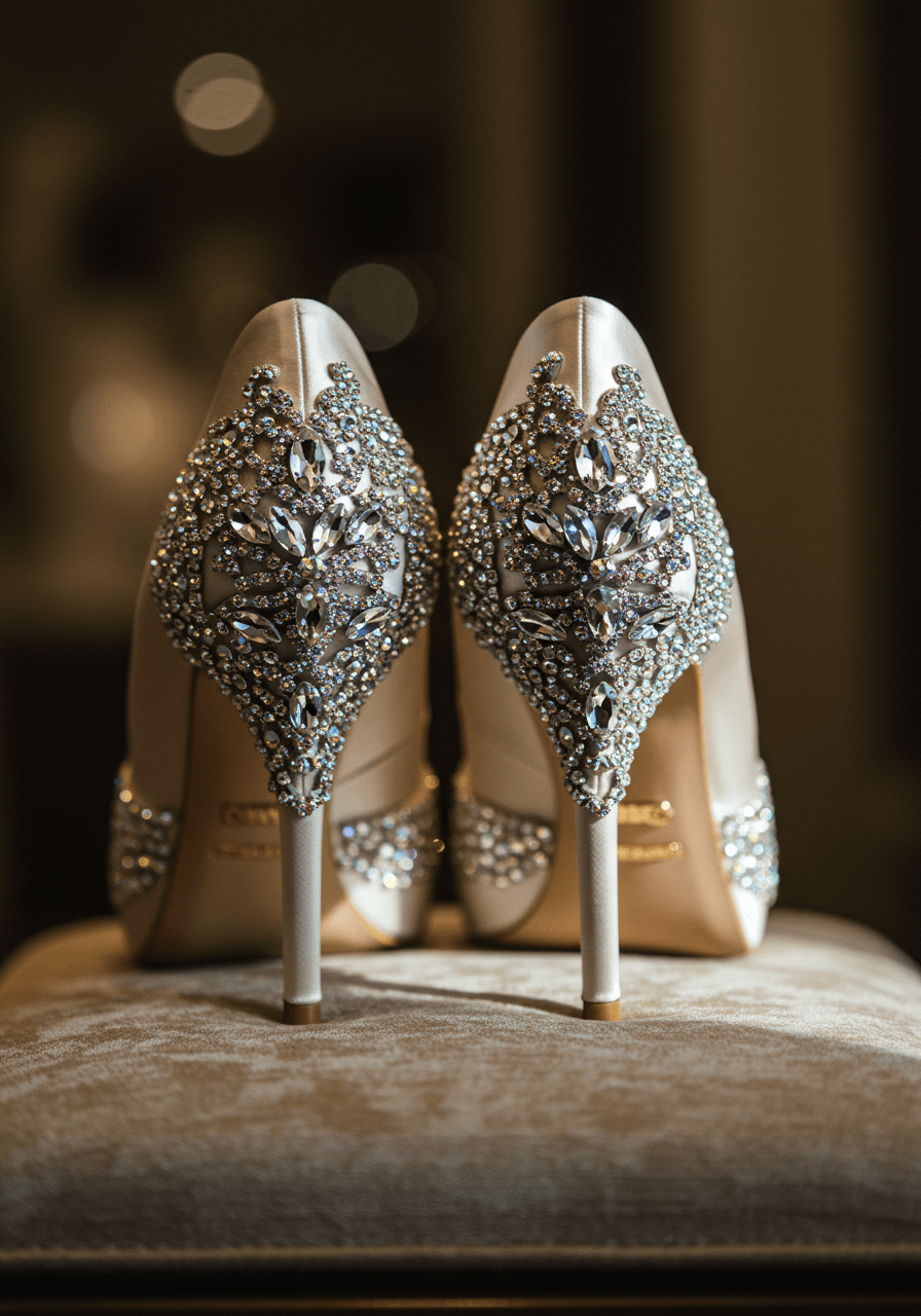 Close-up detail of rhinestone-encrusted bridal heels displayed on burgundy velvet cushion with brilliant crystal reflections