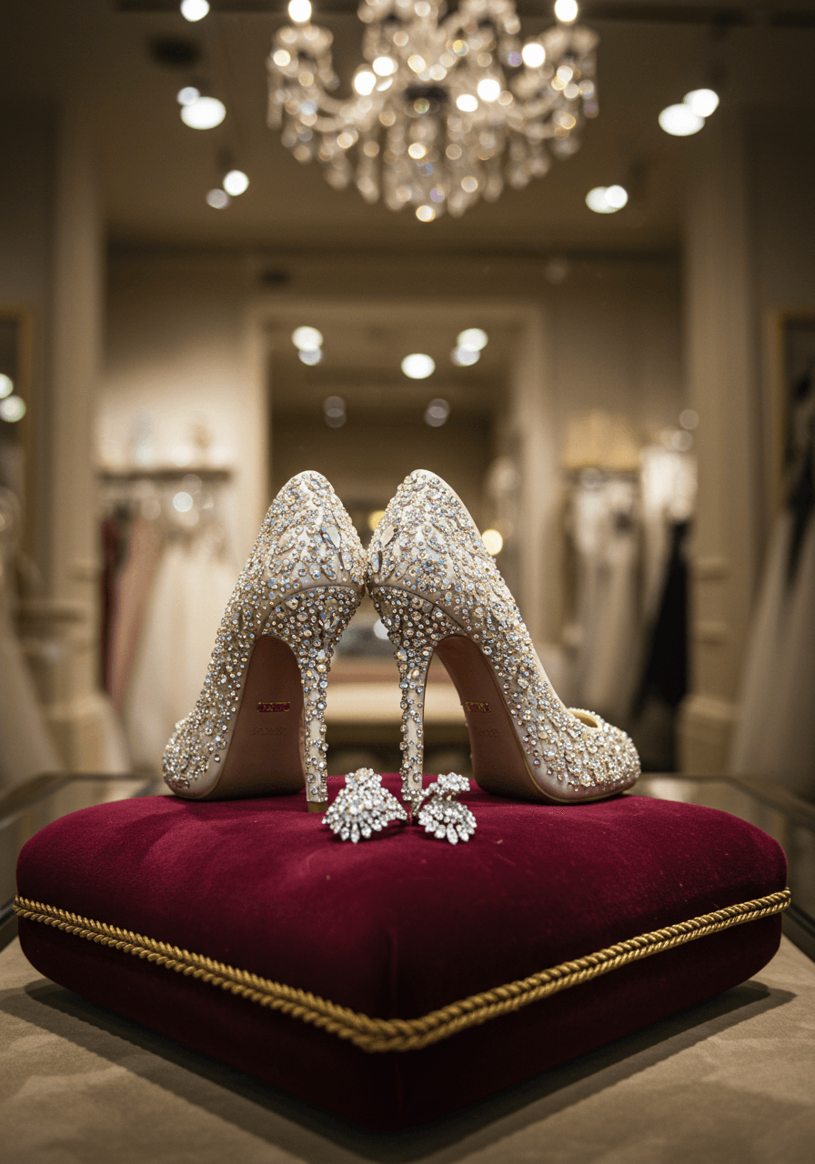 Wide-angle view of sparkling rhinestone wedding shoes on luxury velvet display in upscale boutique setting