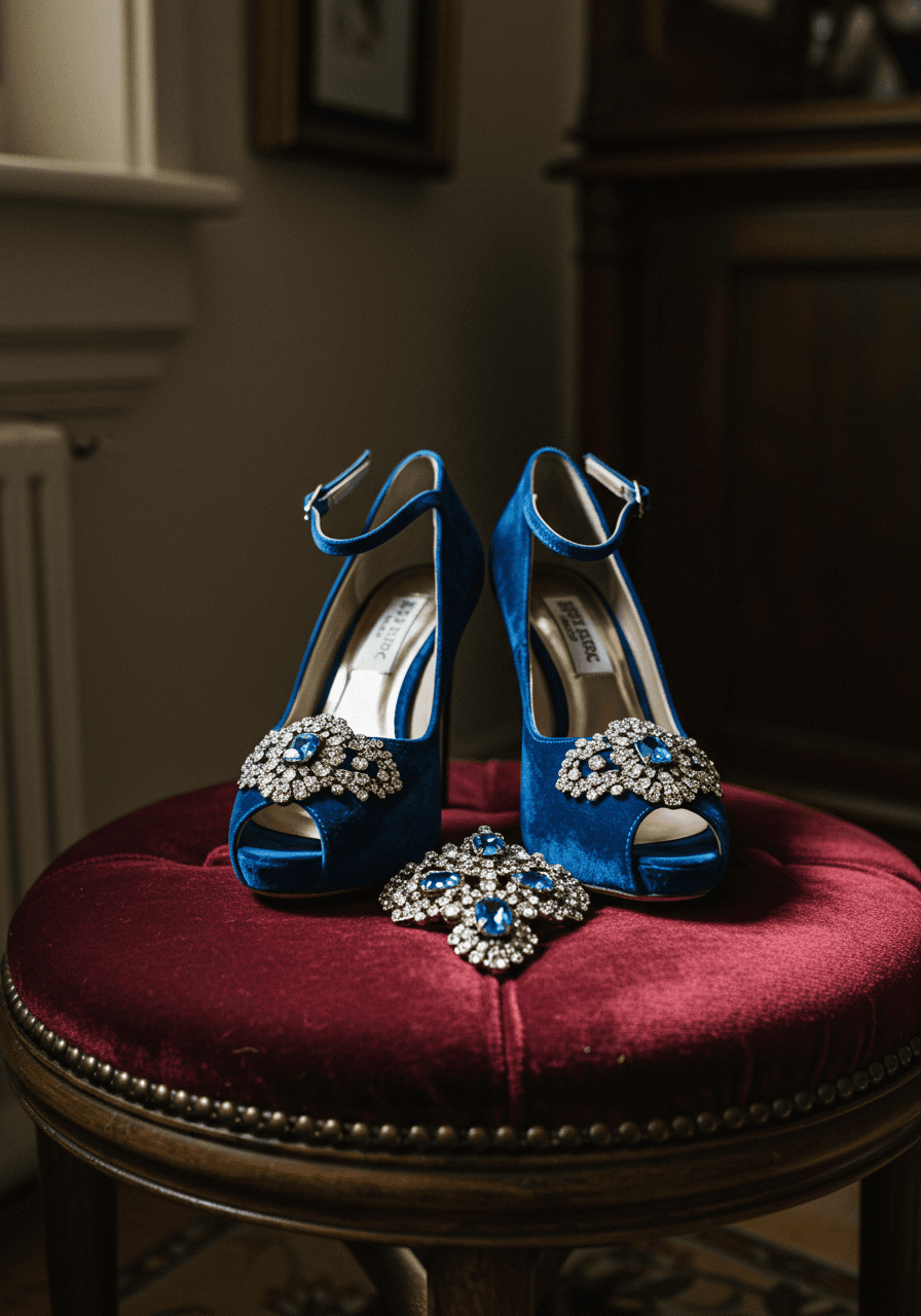 Elegant sapphire blue velvet bridal heels with crystal and pearl embellishments displayed on rich burgundy velvet ottoman