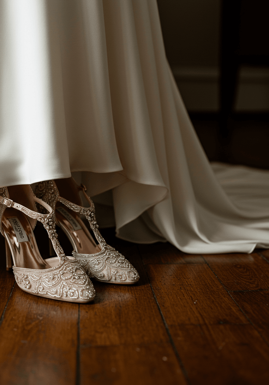 Classic vintage T-bar wedding shoes with Art Deco beading displayed on rich aged hardwood floors beside flowing silk dress train