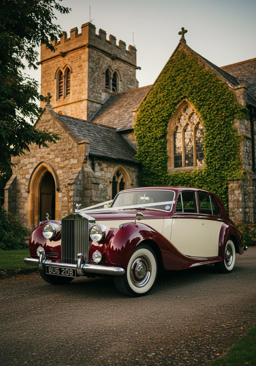 Vintage 1950s Rolls-Royce Silver Dawn in elegant cream and burgundy two-tone paint positioned before ivy-covered stone church