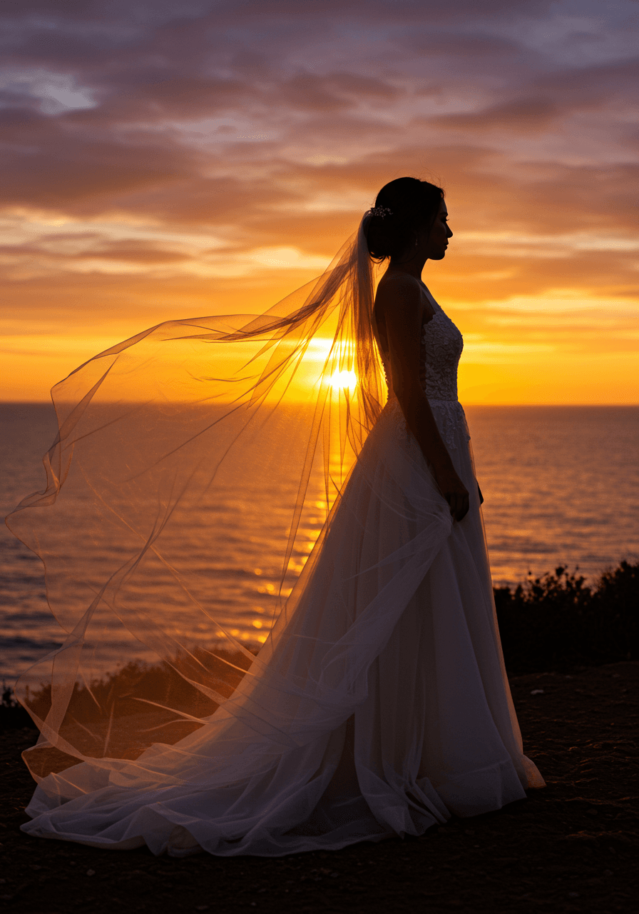 Dramatic bridal portrait on clifftop with cathedral veil flowing in wind during golden hour