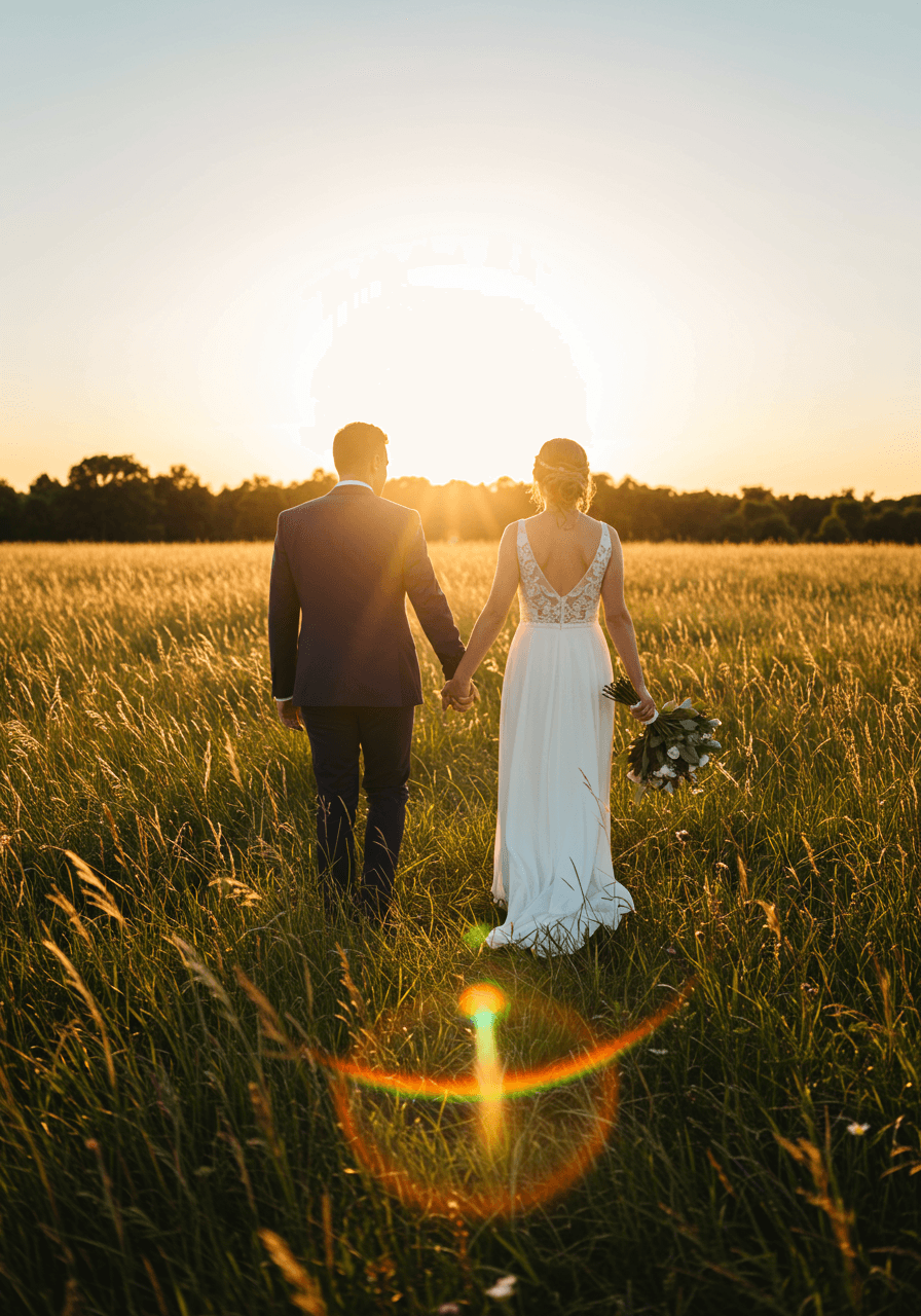 Bride and groom walking through meadow with dramatic lens flare effects during golden hour