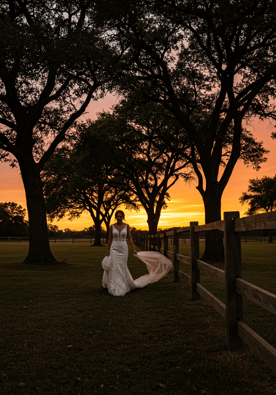 Bride in lace dress walking along wooden fence with oak trees silhouetted at sunset