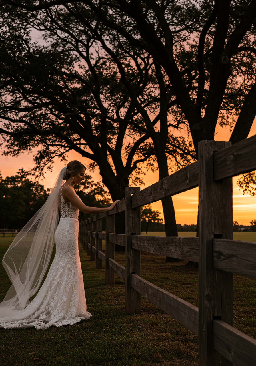 Bridal portrait with bride touching wooden fence post under towering oak trees